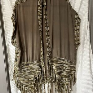 Easel Brown and Tan Asymmetrical Tunic with Fringe